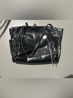 Black Leather shoulder Bag with Contrast Stitching - HOBO